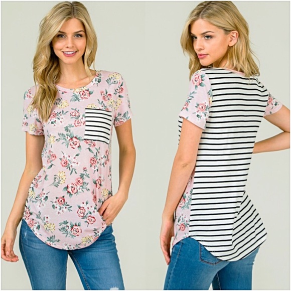 Adorable Blush Floral Striped PocketTee SML - Picture 3 of 8
